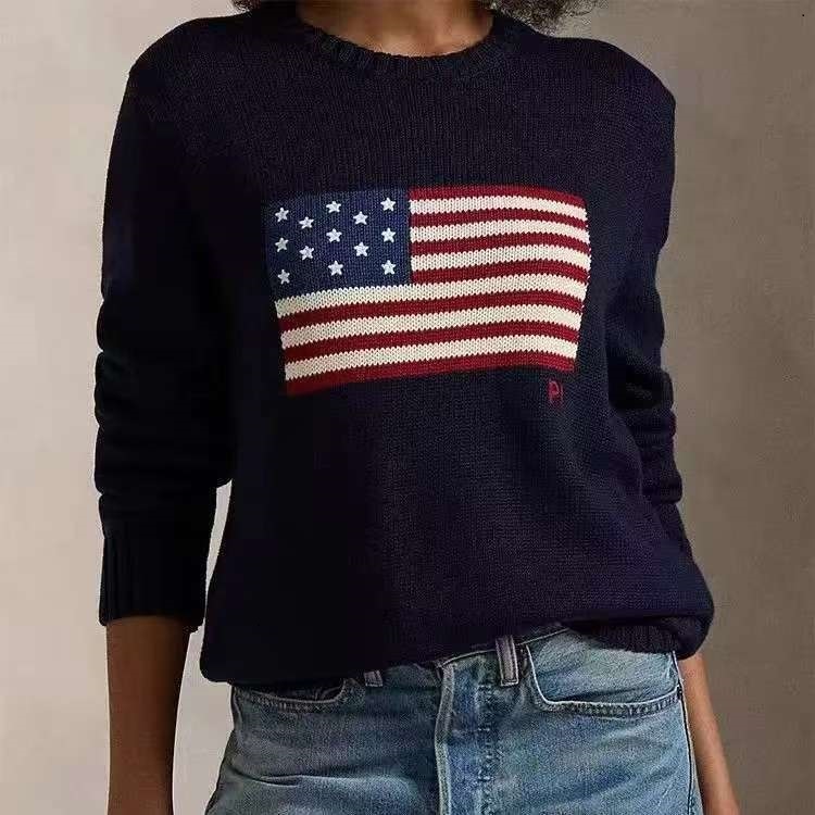Luxury Designer Womens Sweaters Ladies Crew Neck Knitted Sweater Ladies American Flag Trendy Winter Highend Comfortable Cotton Women Pullover Knit S