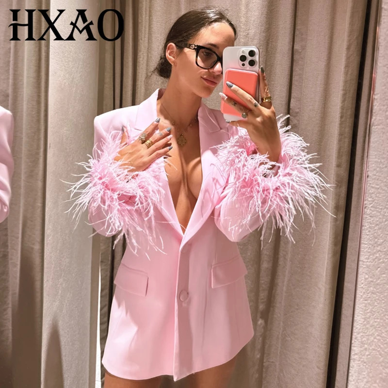 HXAO Pink Feather Autumn Suit Long Sleeve Fitted Jacket Office Wear Woman High Quality Womens Blazer 260113