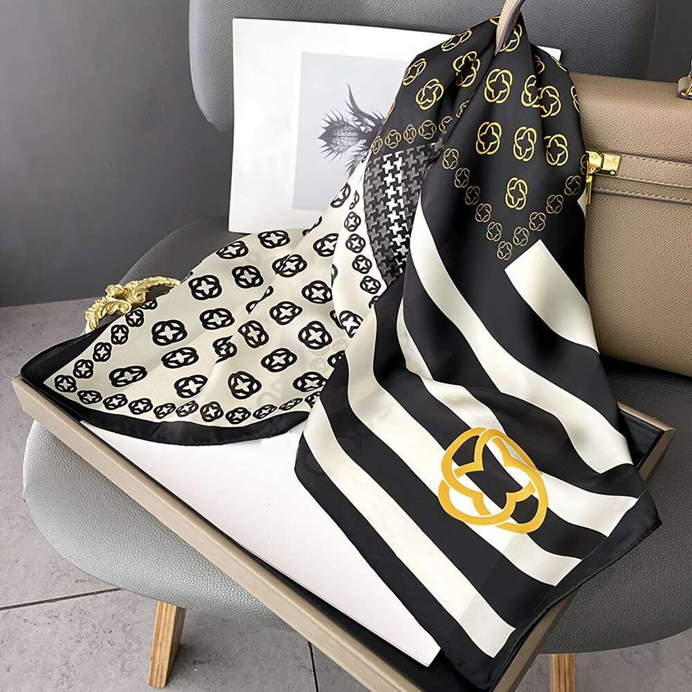 1Pc Black White Elegant Geometric Print Square Stripe Design Scarf Breathable Accessories Neck And Head - Suitable For Outings Z260917