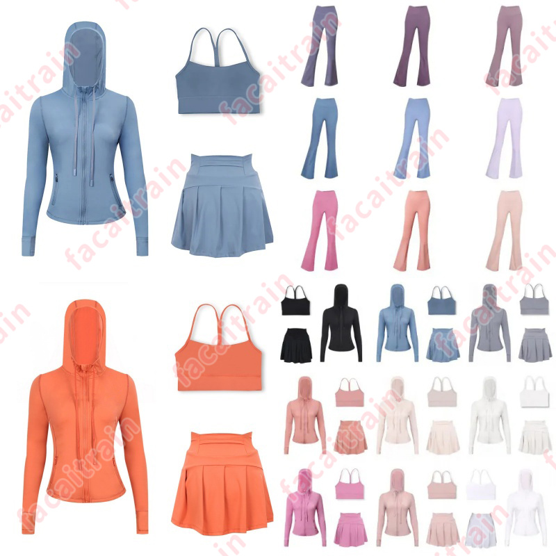 Womens Designer Yoga Jacket Short skirt Y vest Yoga Sets Summer Flared Pants Outdoor High Quality Solid Color Sweatpants Breathable Yoga Sets
