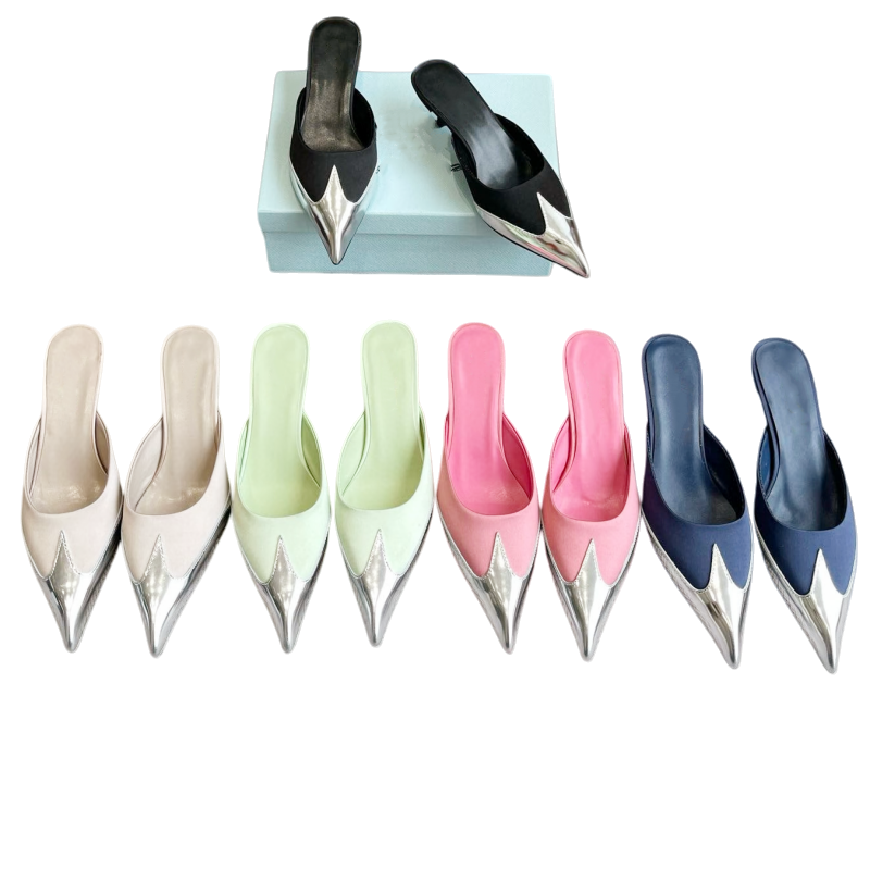 25ss summer Mary Jane Pointed Toe Mule Slippers 10A Designer Sandals Womens Dress Shoes Polished leather Satin sliders Ladies luxury Leather Sandal