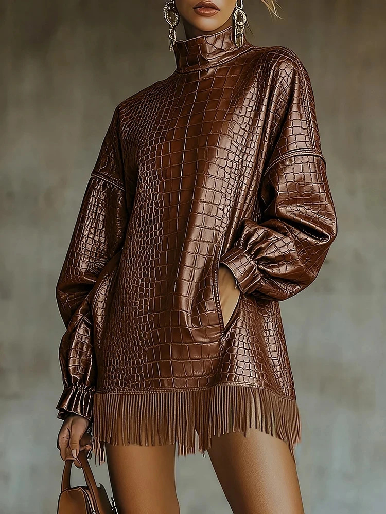 Mini robe en cuir de Crocodile PU, col roulé, manches longues, ourlet à pampilles, rétro, décontractée, ample, droite, pour femmes, automne 26011