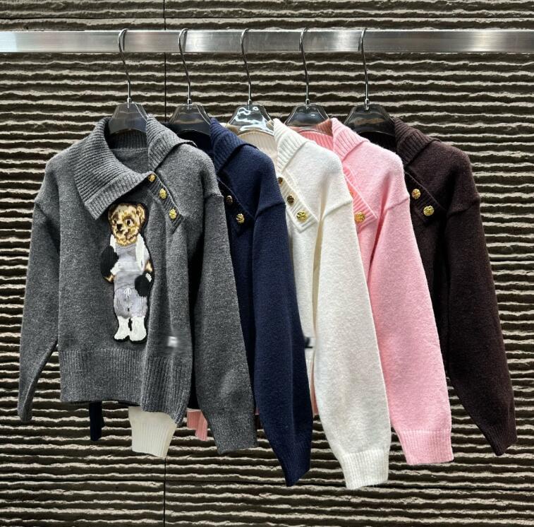 preppy style luxury sweaters womens Slanted collar bear pullover jumpers designer sweater women clothing
