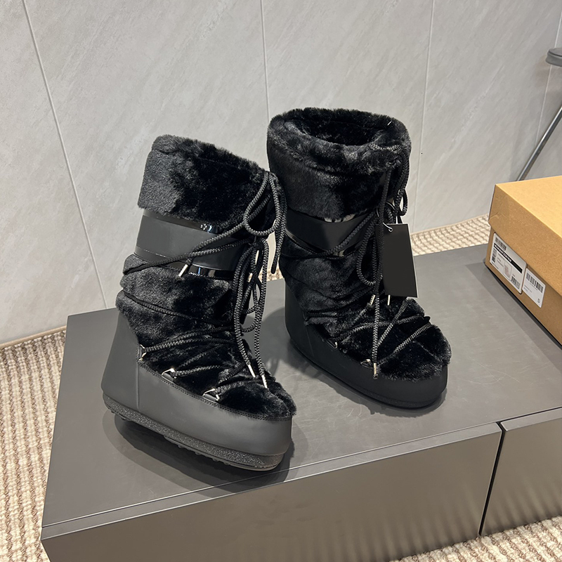 Designer New Women Nylon Lace up Mid Calf Flat Plush Boots Thick Soled Suede Snow Boots Winter Wool Boots 928