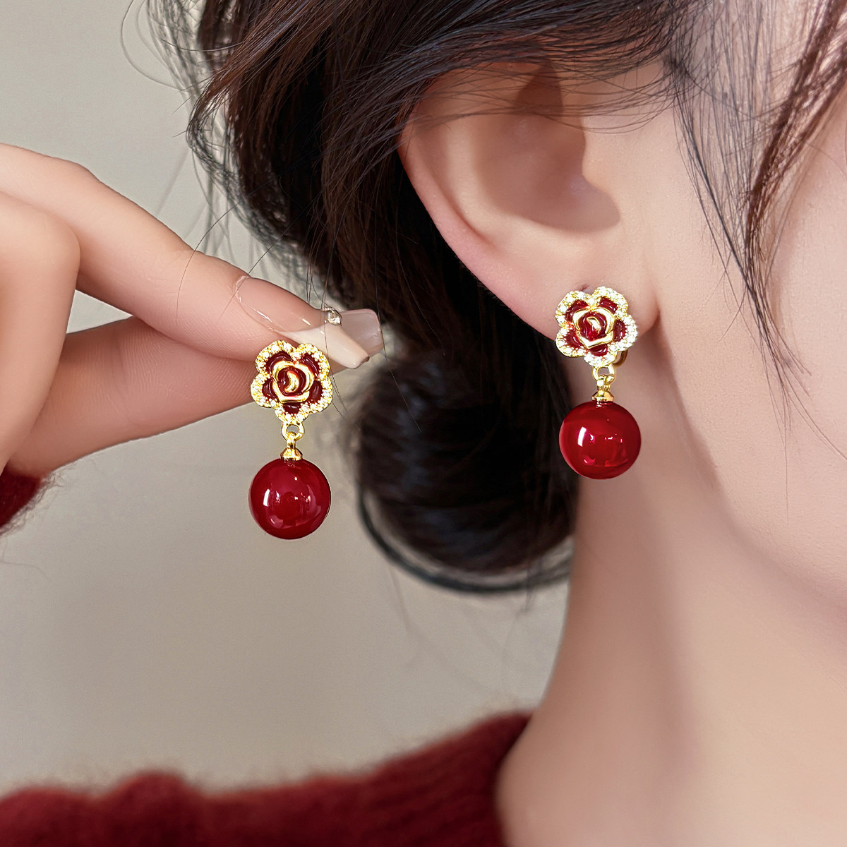 Red Pearl for Women High-end 2026 New Hot-selling Camellia Stud Earrings-image-1092327908
