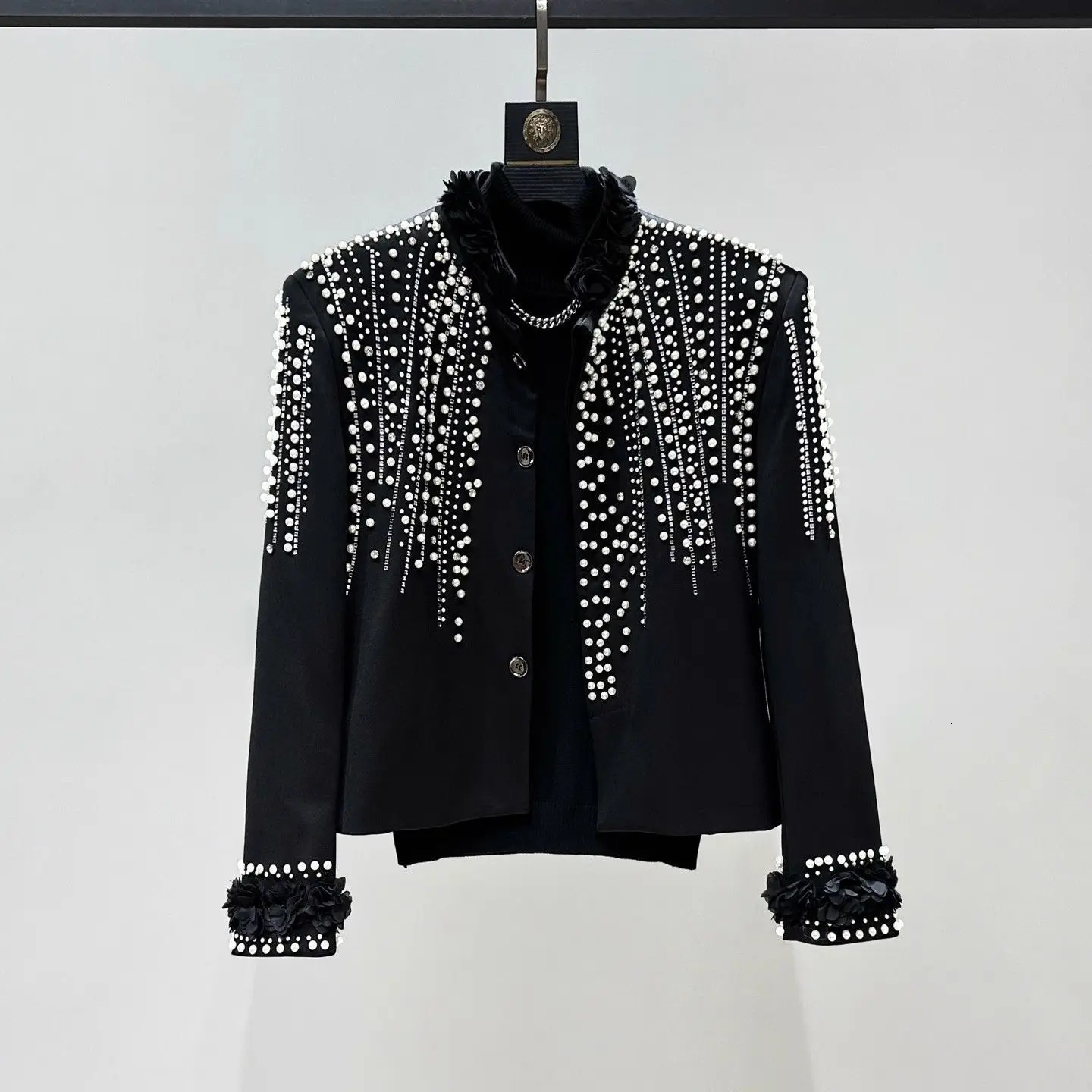 2026 Spring Autumn Men Jacket Black Short Coat Studded Diamond Stage Style Jacket 260112