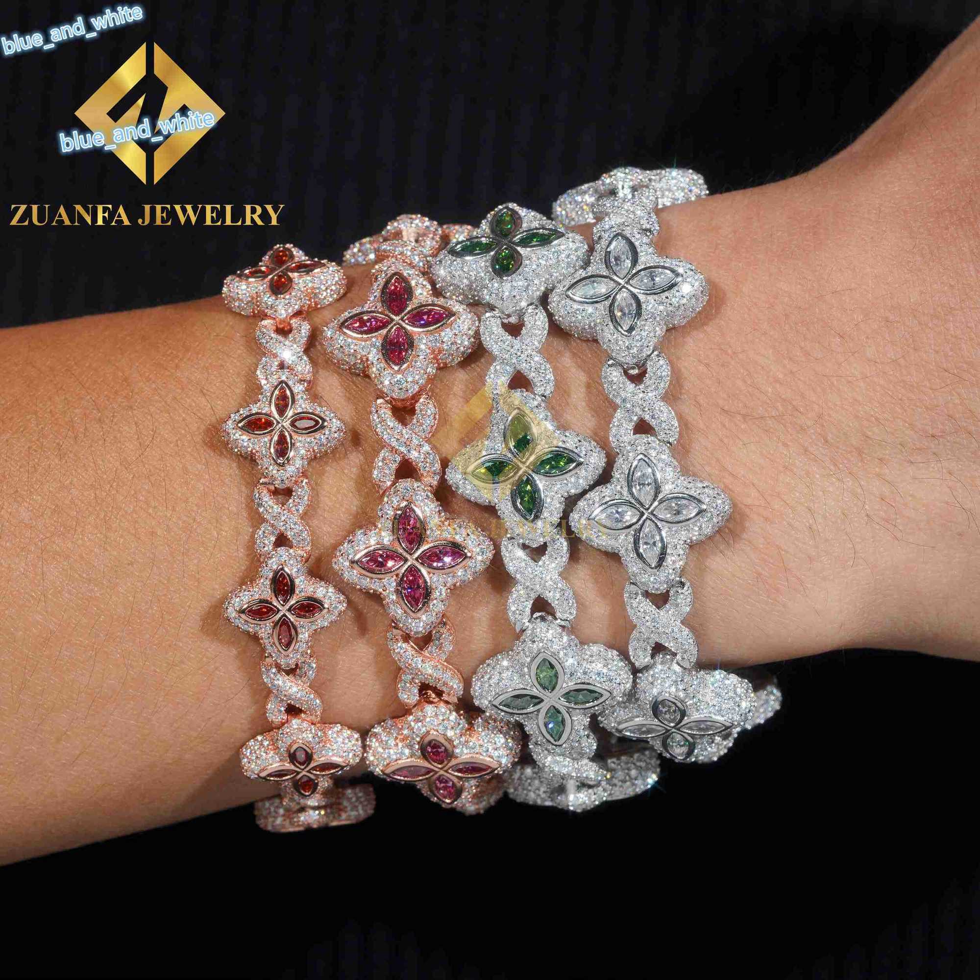 Jewelry Luxury Flower Fine New Fashion Clover Cuban Bracelets Sterling Silver 925 Gold Plated Moissanite Cuban Chains