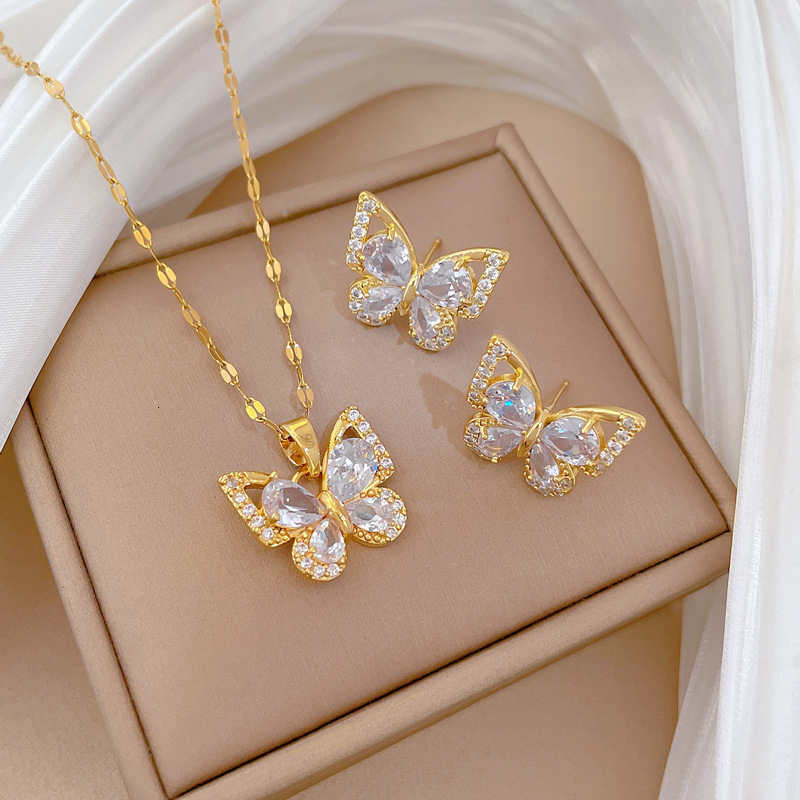 Luxury Brand Designer Jewelry Titanium Steel Zircon Butterfly Necklace Earring Set Light Luxury Micro Inlay Personality Temperament Banquet Earrings