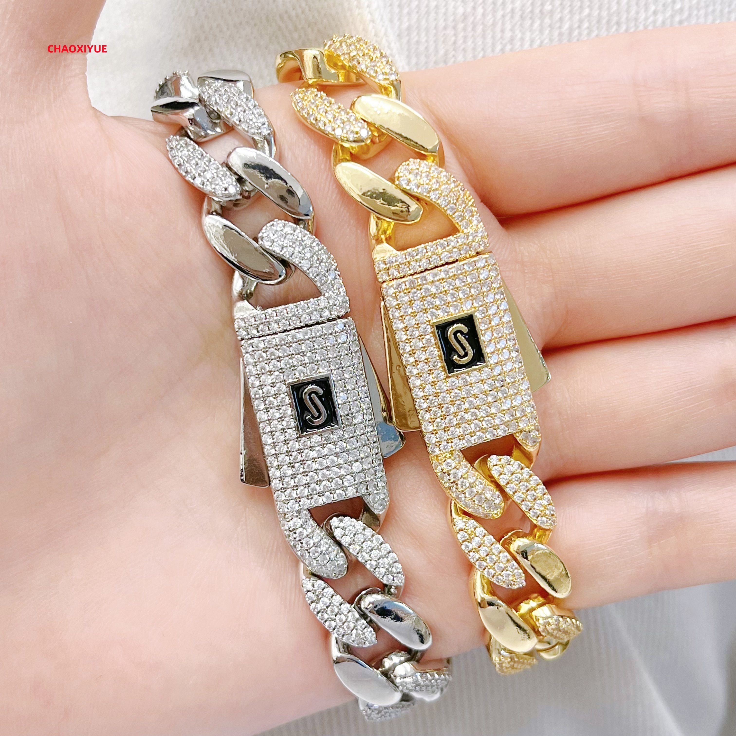 JML offre spéciale 14K plaqué or étincelant diamant breloque Monaco Bracelet à la mode Oro Laminado Cuabn Cadena Hip Hop Bracelet
