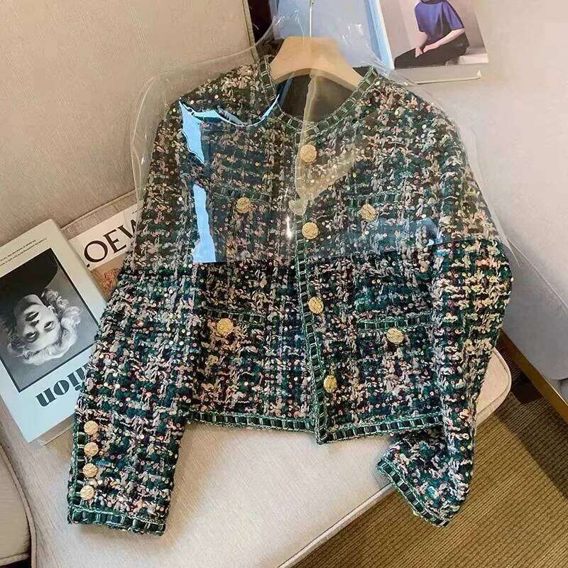 French Vintage Small Fragrance Jacket Women Spring Autumn High Quality Casual Loose Dark Green Tweed Long Sleeve Coat DREAM RECALL