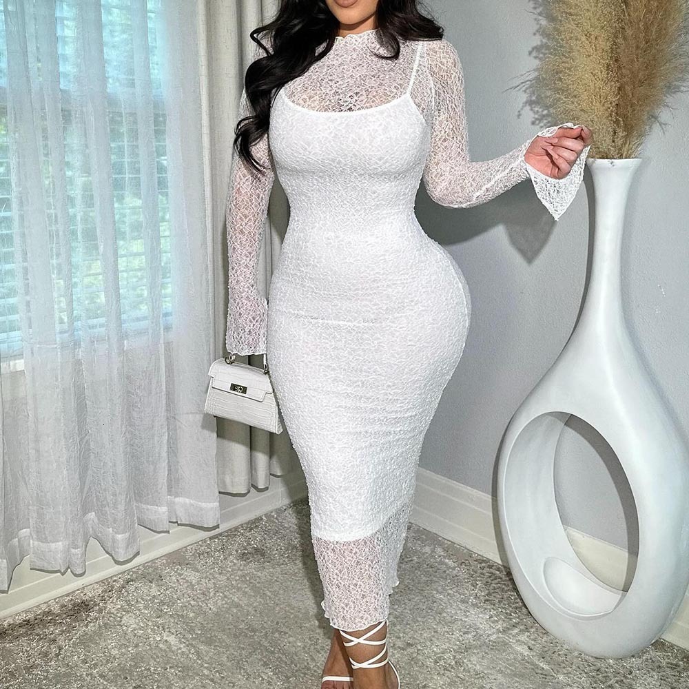 Summer Sexy Slim Lace See-through Long Sleeve Dress for Women Long Sleeve Sexy Maxi Dress 250929BJ