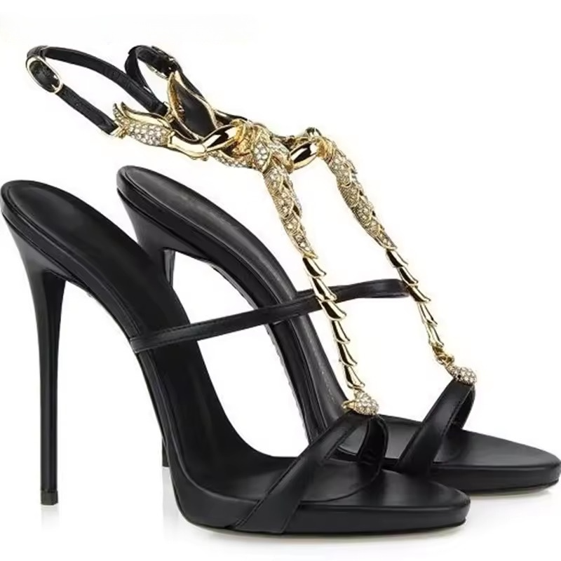 Golden Decor Crystal Heeled Sandals Strappy High Heels Metal Scorpion High-heeled Sandals Women Luxury Designer Shoes Summer Black Ladies Dress Part