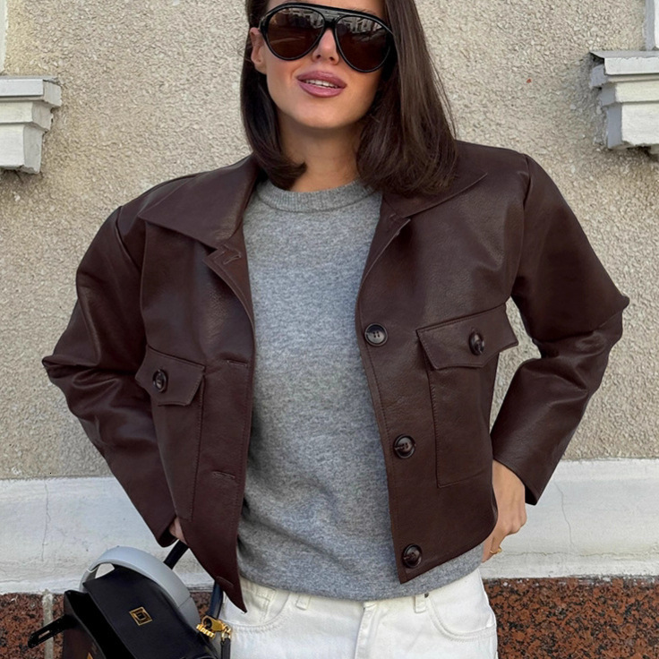 2025 Automne Style américain veste en cuir courte pour les femmes coupe ample minceur style moto à la mode manteau en cuir à la mode 250820