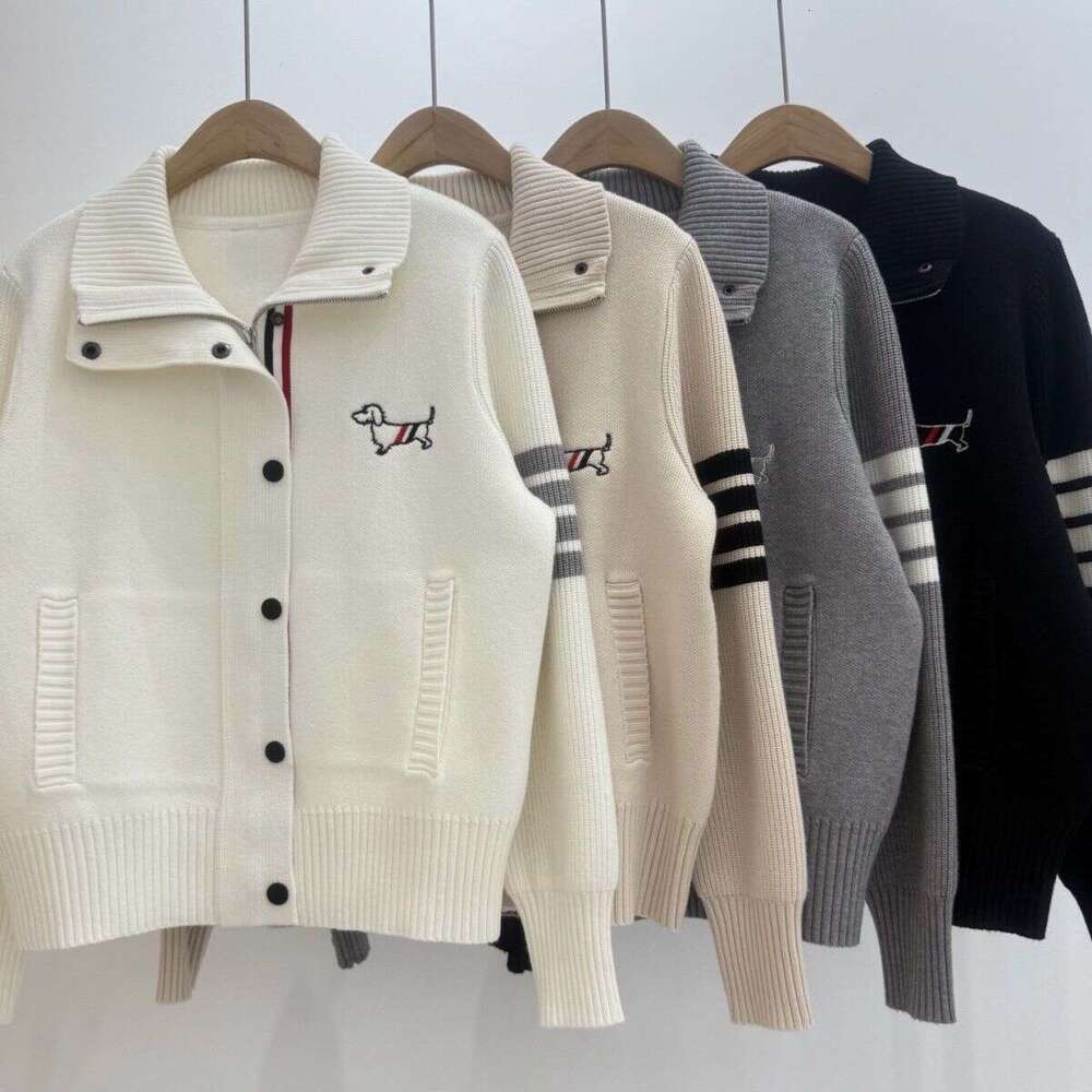 TB brand thoms brown sweater College Style Knitted Baseball Cardigan 2026 Autumn Winter New Turn-Down Collar Long Sleeve Heavy Craft Jacket Top Coat