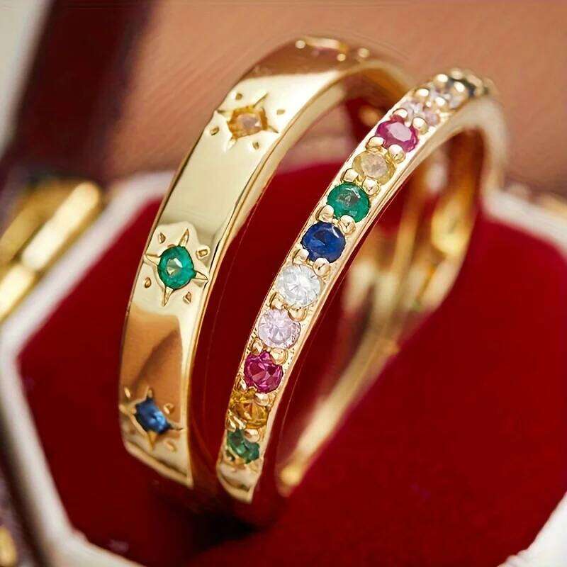 Fashion Ethnic Style Sun Element Design Women's Ring Set of Two Colorful Synthetic Zircon Creative Jewelry Gifts 121e3