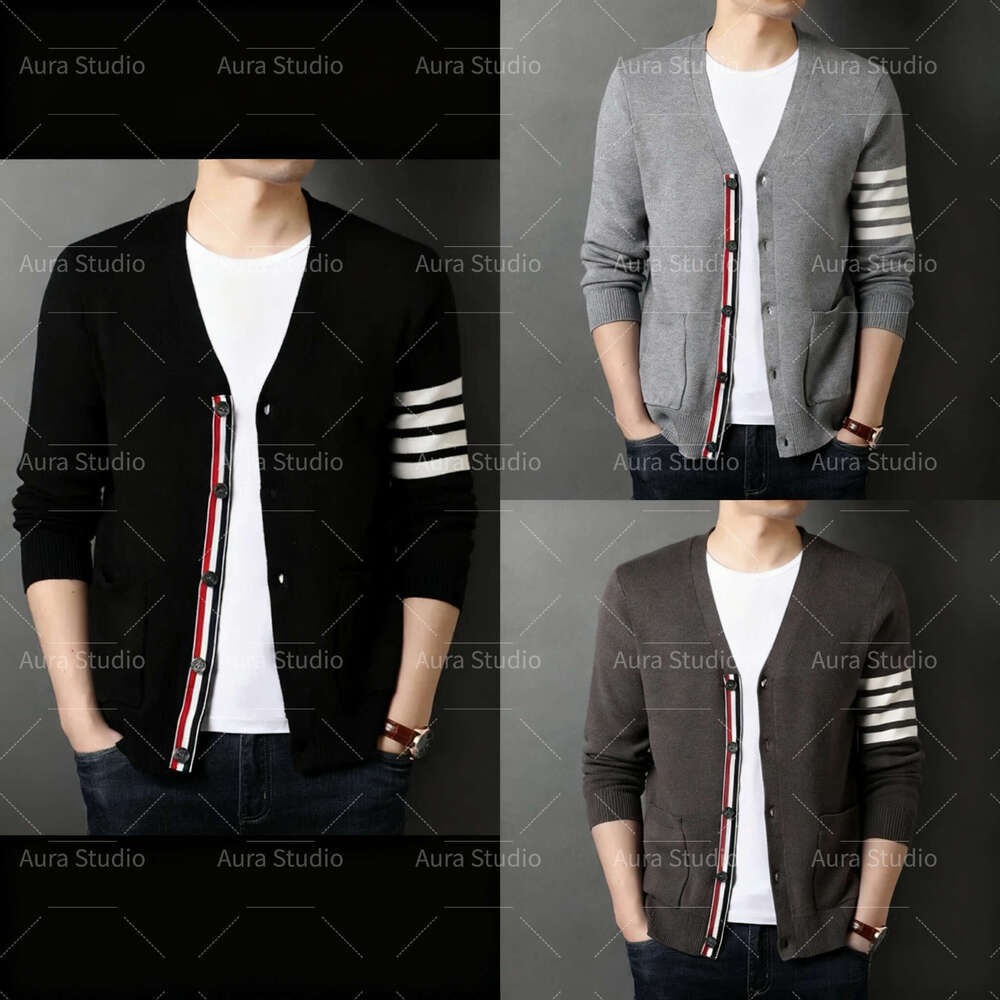 Thom browneed Korean Fashion Knitted Cardigan Men Spring Autumn Classic Stripe Trend Side Slit V-neck Sweater Coats 2025 Man Clothes Cardigans sweat