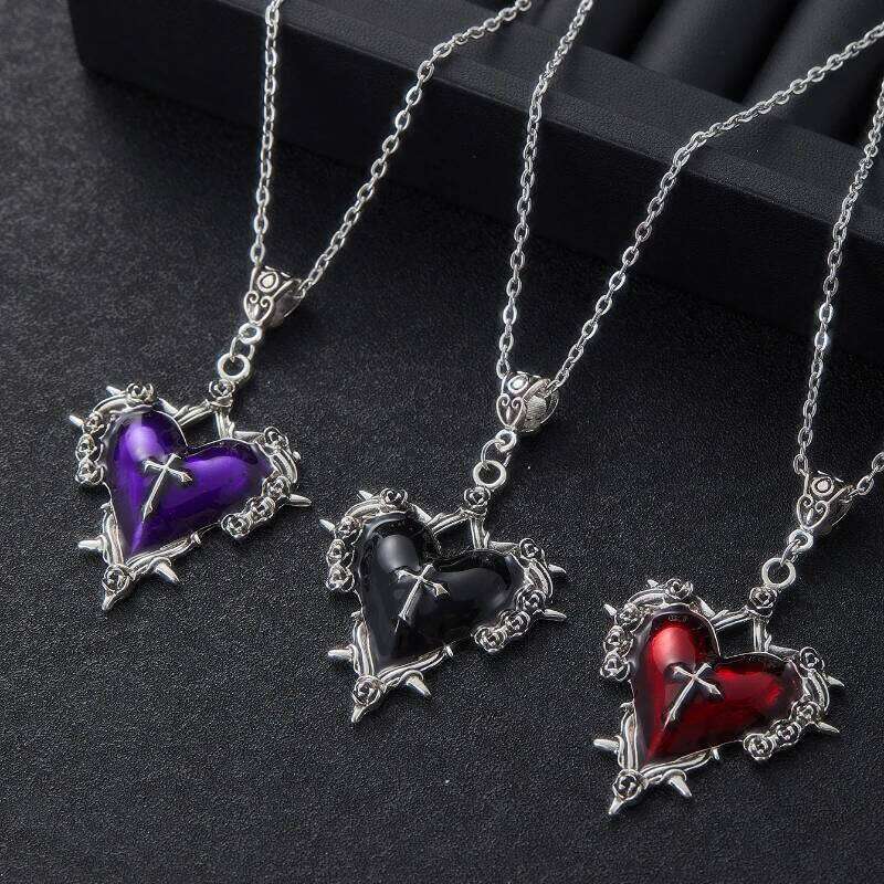 Gothic Thorn Cross Rose Big Heart Pendant Necklace for Women Men Vintage Trend Halloween Party Jewelry Gift 46818