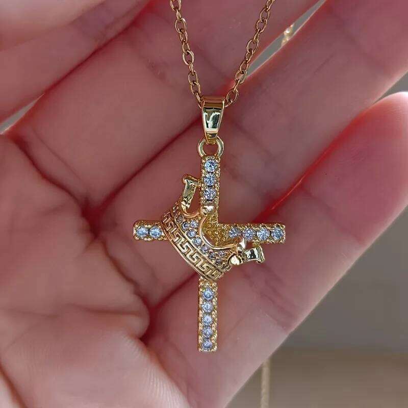 Fashionable Classic Hip hop Crown Cross Pendant Women's Necklace Set with Zircon Punk Party Jewelry Gift Accessories-image-1109364101