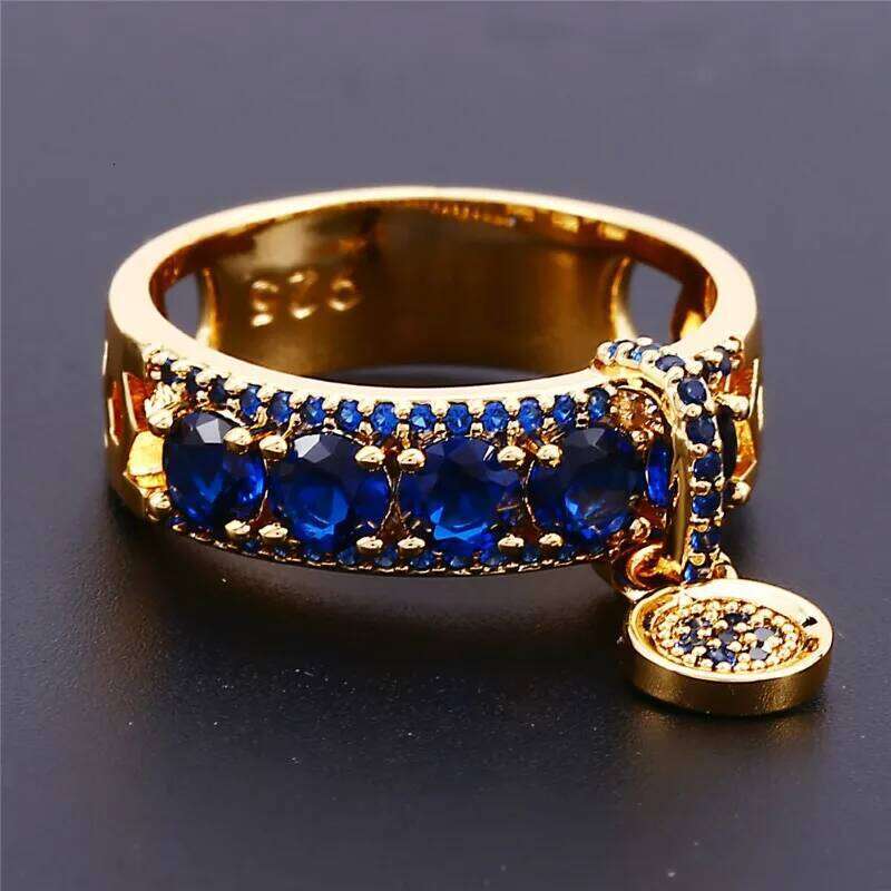 Luxury Vintage Female Royal Blue Zircon Stone Round Dangle Ring Fashion Engagement Jewelry Gifts New Arrival 683c1