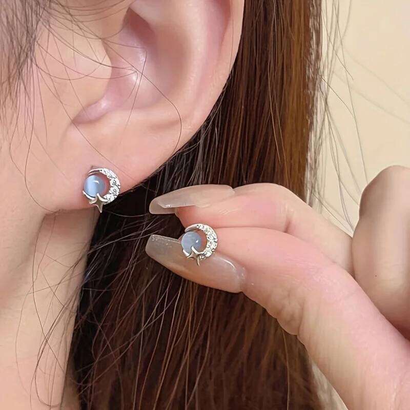 Blue Cat'S Eye Stone Moon And Star Earrings fd29a