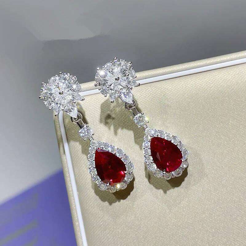 1 Pair Luxury Delicate Bright Red Zircon Water Drop Pendant Women's Wedding Party Aesthetic Earrings Anniversary Gift 5b68e