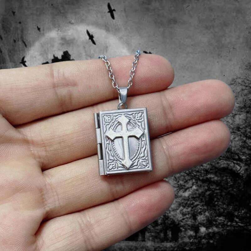 Vintage Gothic Cross Book Pendant Necklace Women Creative Personalization Open Photo Box Jewelry Romantic Gift c759a