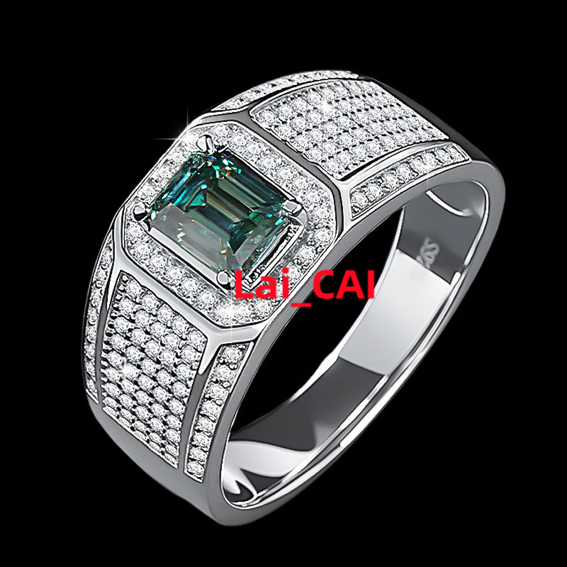 Ready to Ship S925 Sterling Silver Full Diamond Inlay Emerald Cut 2Carat Green Moissanite Ring for Men Wedding Band