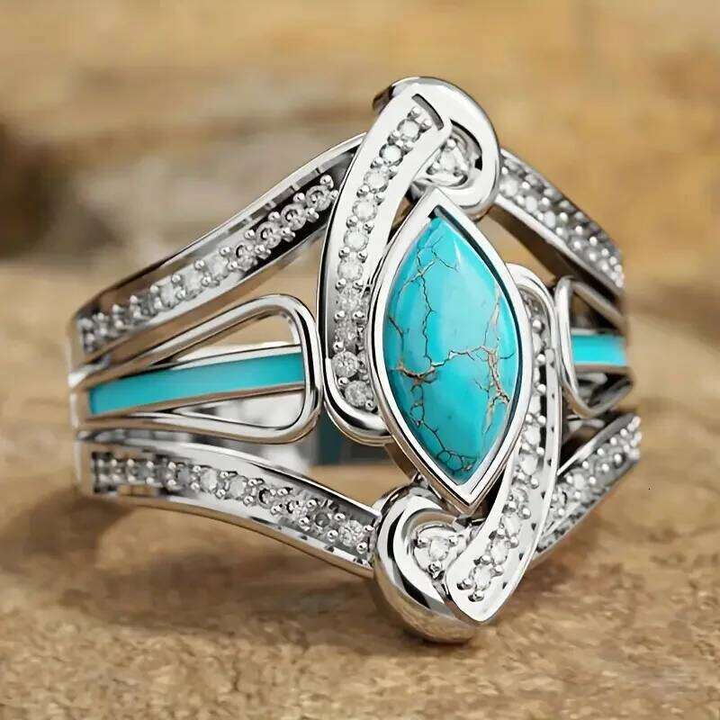 Retro Bohemian Unique Design Inlaid Imitation Turquoise Rings Ethnic Style Elegant Temperament Holiday Anniversary Jewelry Gift 9e736