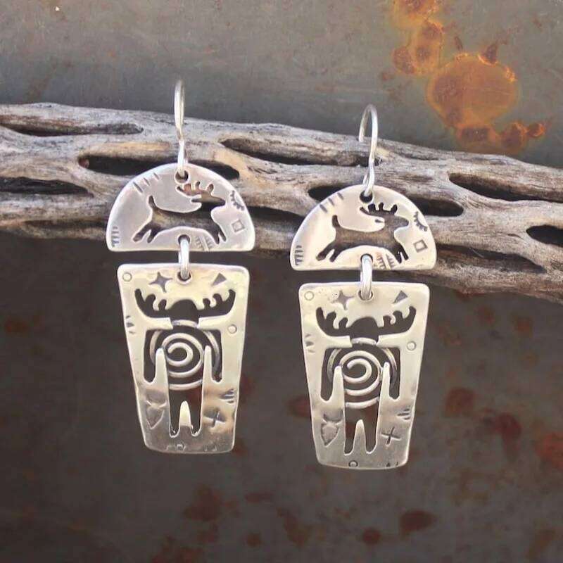 Deer Wizard Handprint Pattern Earrings, Local Rock Art Festival Earrings Bohemian Style Hip Hop Jewelry bea5d
