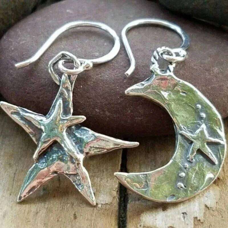 Retro Boho Moon And Star Silvery Dangle Earrings For Women Unique Daily Party Jewelry Birthday Anniversary Mother's Day Gift 4aced