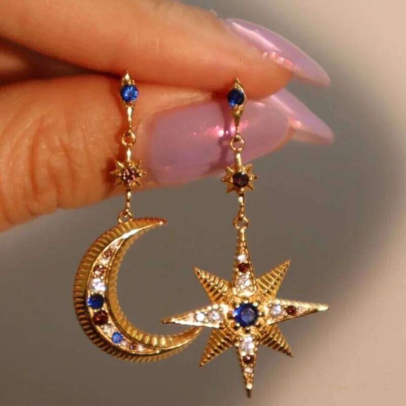 Retro Asymmetrical with Moon Hexagram Star Inlay Zirconia Earrings Vacation Celebration Holiday for Men Women 2938c