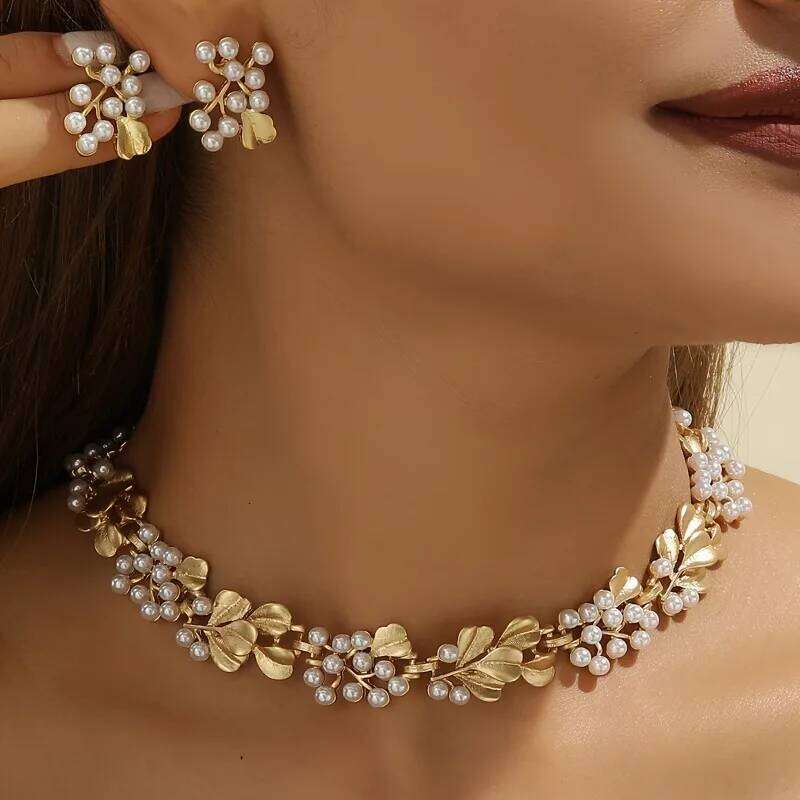 Vintage Fashion European and American Style Imitation Pearl Necklace Stud Earrings Setfor Wife Family Girlfriend Perfec Gift 7f129