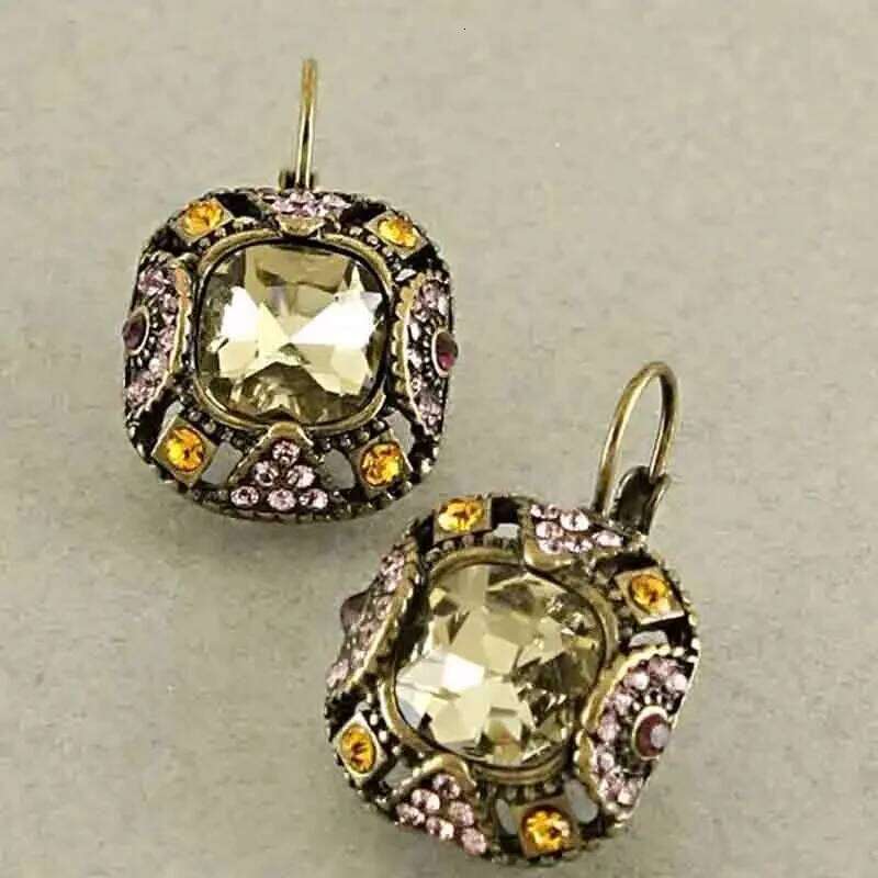 Vintage Gold Color Metal Square Inlaid with Champagne Pink Stone Dangle Earrings for Women Jewelry 36602