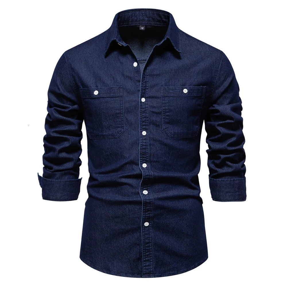 2023 Autumn Mens Denim Shirt Cotton Elastic Casual Social n Double Pockets Slim Jeans Shirts for Men 260109
