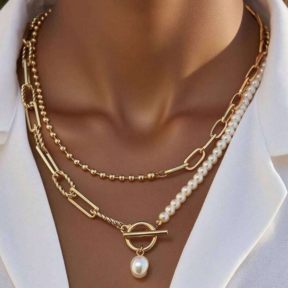 1PC Fashionable Long Imitation Chain Necklace, Vintage Style Personalized Pearl Clasp OT Buckle Necklace 23d8d