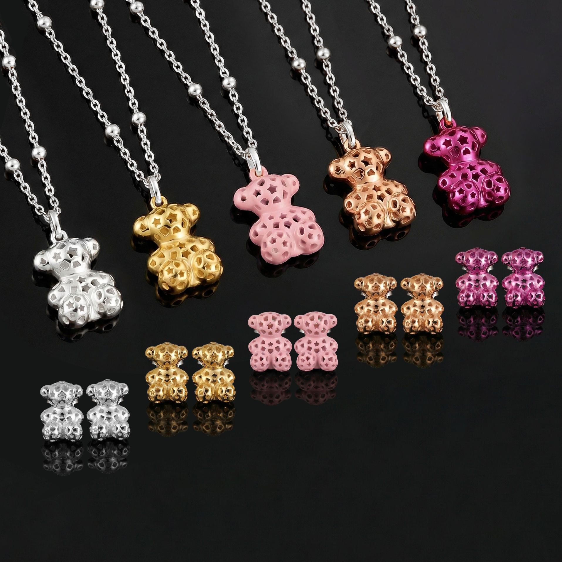 New Fashion Women Men Silver Gold Stainless Steel Copper Pink Pruple Bear Cartoon Animal Star Moon Heart Hollow Pendant Earrings Sets Span Jewelr-image-1092271786