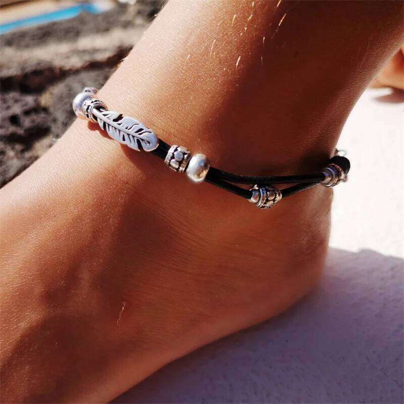 Bohemian Faux Leather Braided Rope Feather Anklet for Women Men Ethnic Style Distressed Holiday Beach Party Jewelry Gifts ead7b