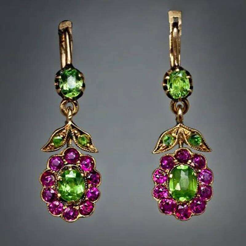 Vintage 925 Silver Needle Inlaid Green Stone Earrings Pretty Flower Rose Red Leaf Dangle Women's Ear Jewelry Gift 58f95