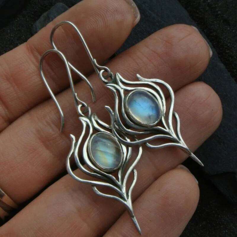 1 Pair Of Simple Antique Artificial Moonstone Craftsman Carved Pendant Earrings, Women's Bohemian Style Hooked Earrings a7a60