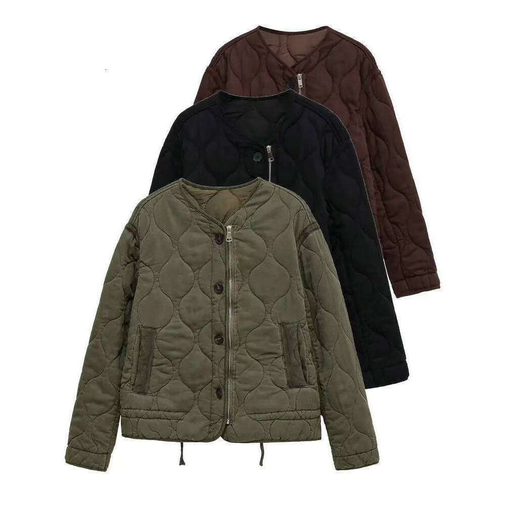 Zhehan 2025 Autumn Winter Women's Vintage Quilted Cotton Padded Jackets Lady Elegant High Quality Zipper Army Green Loose Parkas Coats