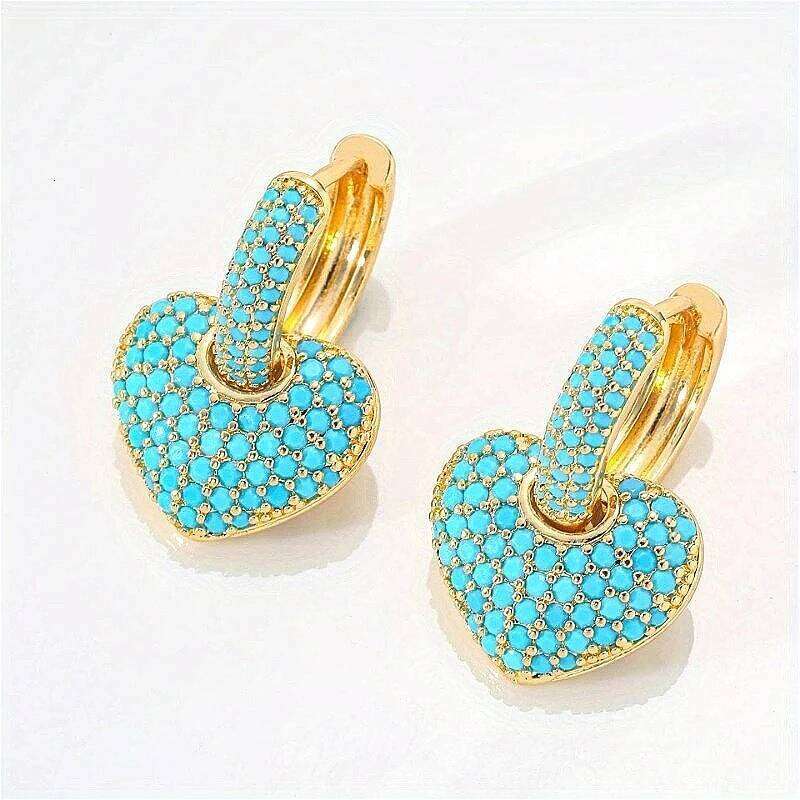 Pendientes de aro colgantes con forma de corazón chapados en oro y circonita sintética azul y verde exquisitos para mujer, joyería elegante para ban