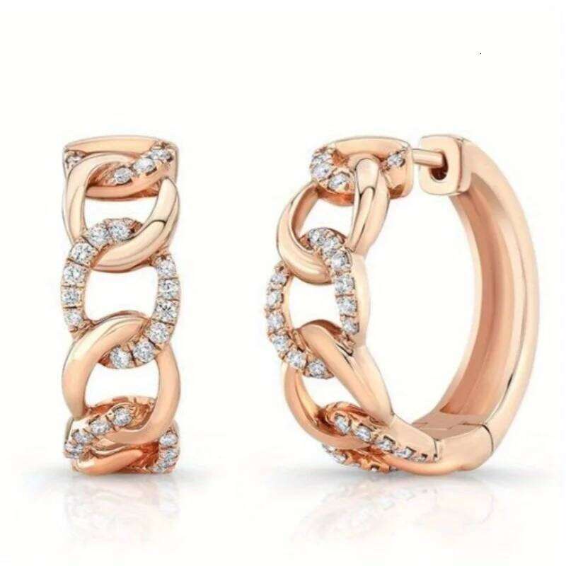 Fashion Sparking Synthetic Zirconia Inlaid Chain Shaped Hoop Earrings Women's Vintage Rose Golden Plated Wedding Banquet Jewelry 03422