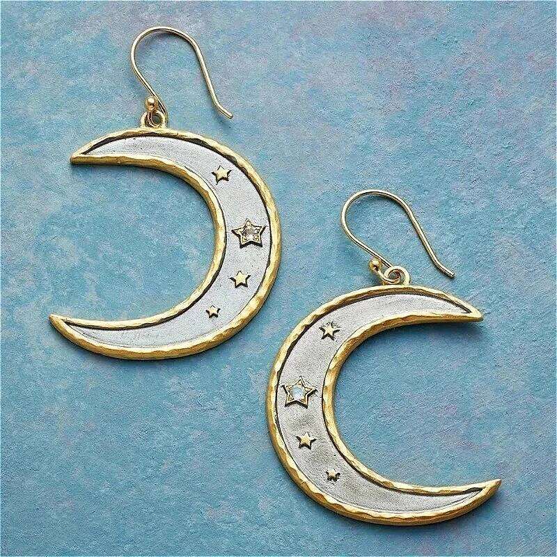 Vintage Hand Carved Moon Star Shaped Inlaid Synthetic Zircon Dangle Earrings for Women Bohemian Style Vacation Festival Jewelry 6994e