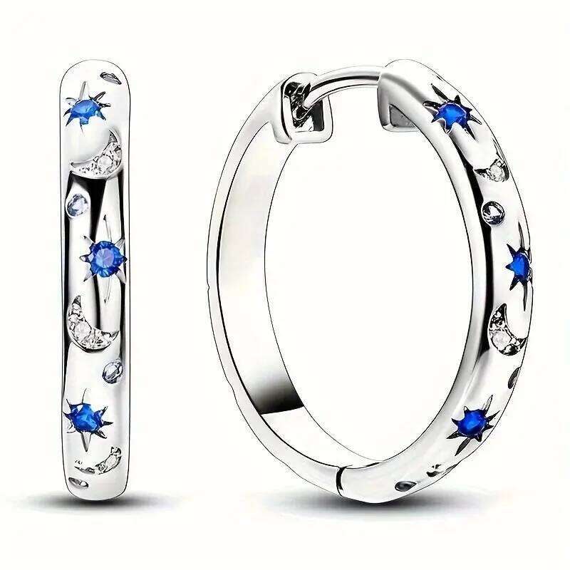 Silvery Hoop Earrings For Women Star Moon Galaxy Starry Blue Zircon Luxury Jewelry Gifts 1Pair f094a
