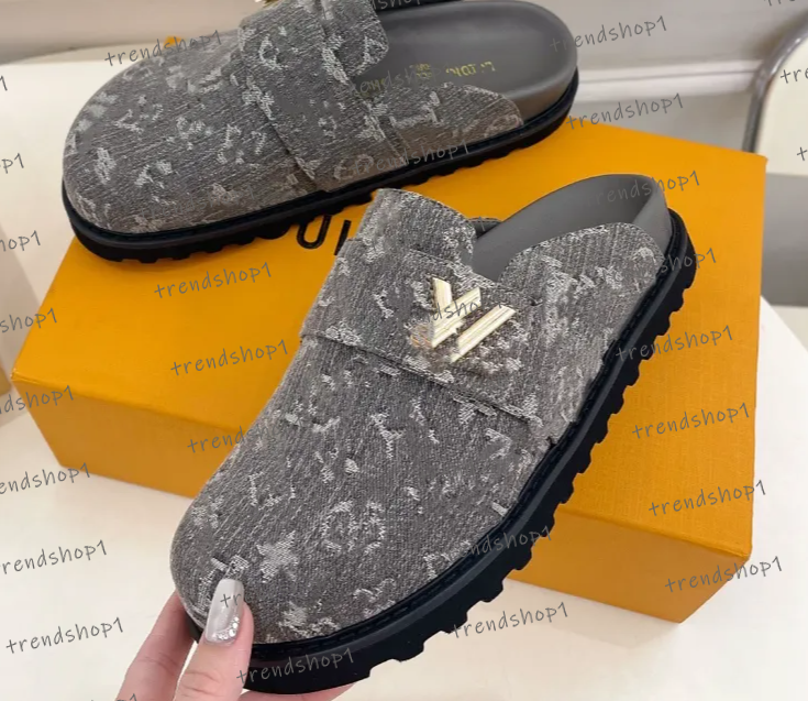 top1 Free Shipping Designer Slipper Flat Scuffs sandals Calfskin Cosy Slipper Mules Denim Letter Printing Mens Comfort Casual Shoes rm fashion women