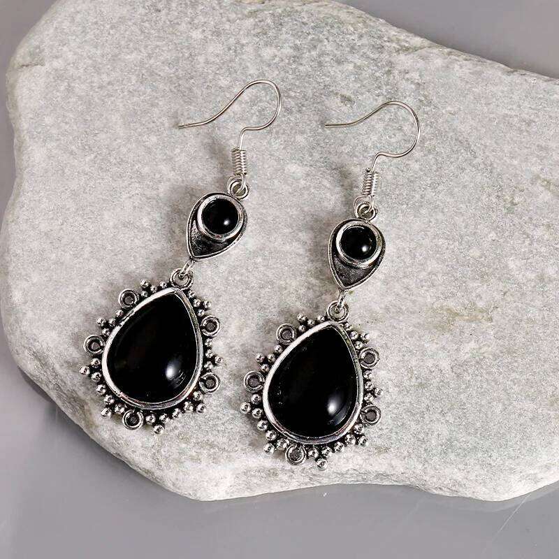 Vintage Black Stone Drop Earring Geometric Triangle Hollow Ear Jewelry For Women Girls 4e708