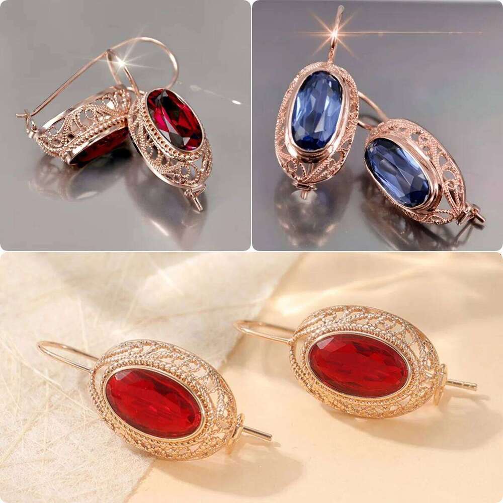 Exquisite Sparking Oval Red/Blue Synthetic Zirconia Dangle Earrings for Women Rose Golden Plated Banquet Wedding Jewelry Crafts 7be5e