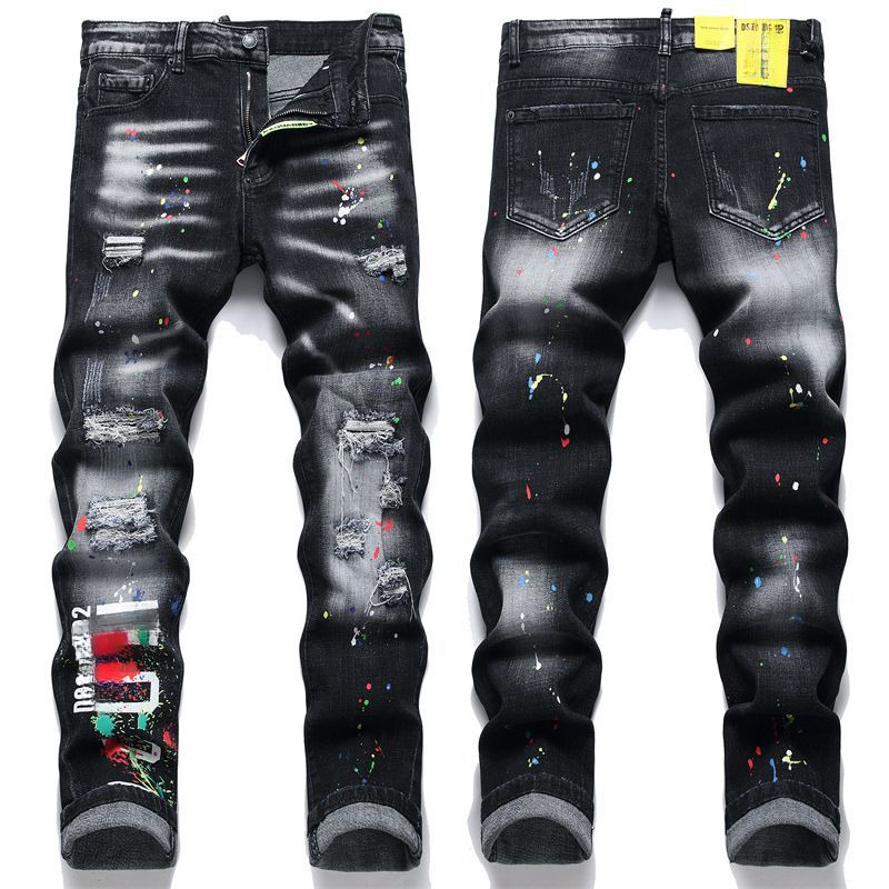Jeans de créateur Light Luxury D2 Version haute Jeans pour hommes Black Ink Splash Slim Fit Petit pied imprimé effiloché Patch Ink Splash Craft