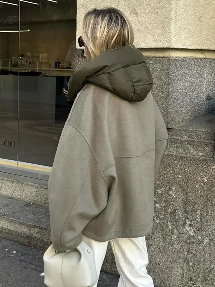Casual Loose Women Hooded Jacket Solid Patchwork Zipper Long Sleeved Warm Coats 2024 Autumn Winter Lady Chic Street Outerwear 260114