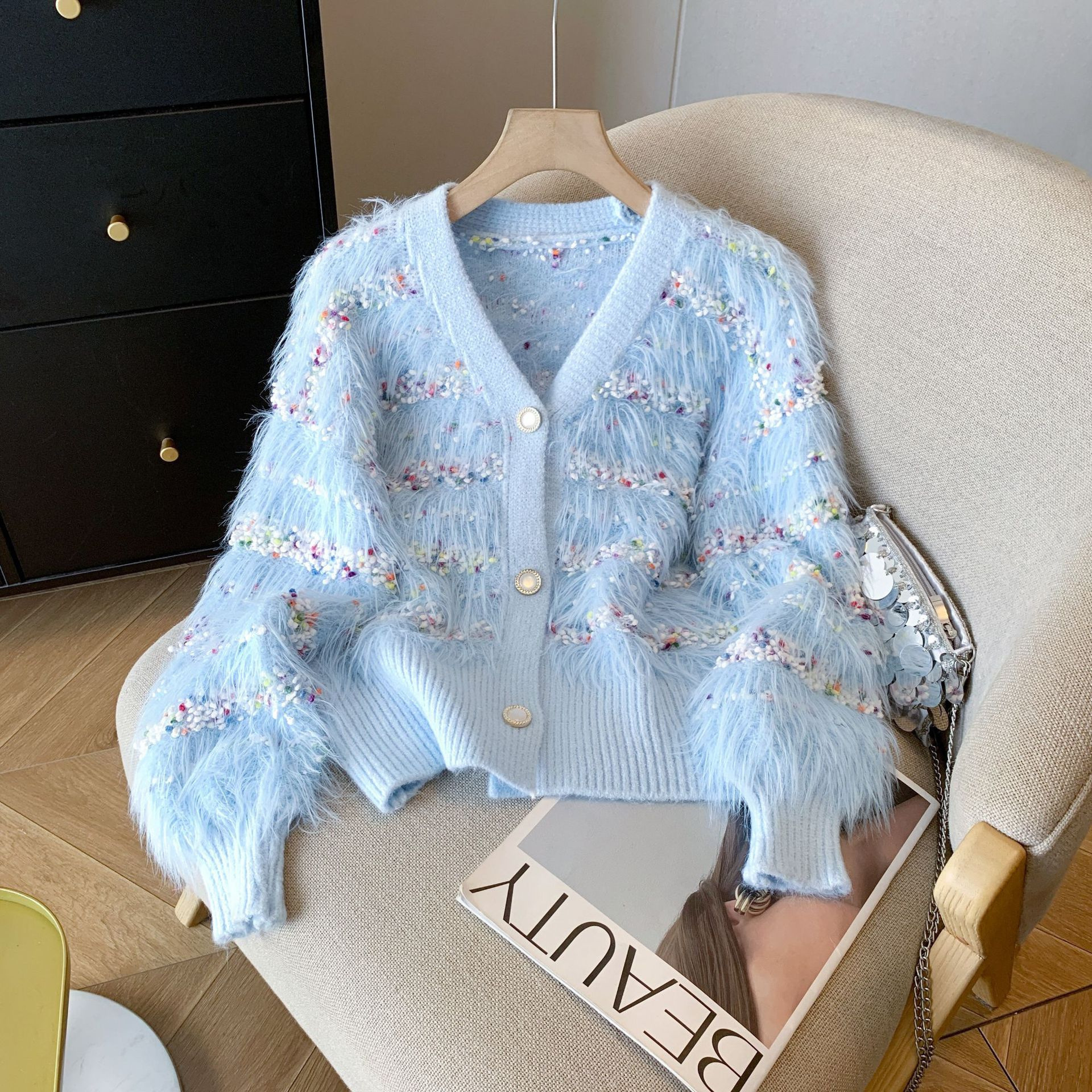 Luxury Brand Designer Clothes Imitation Mink Velvet Color Dot Knitted Sweater Coat Women's Autumn And Winter Hot Style Loose Lazy Style V-Neck